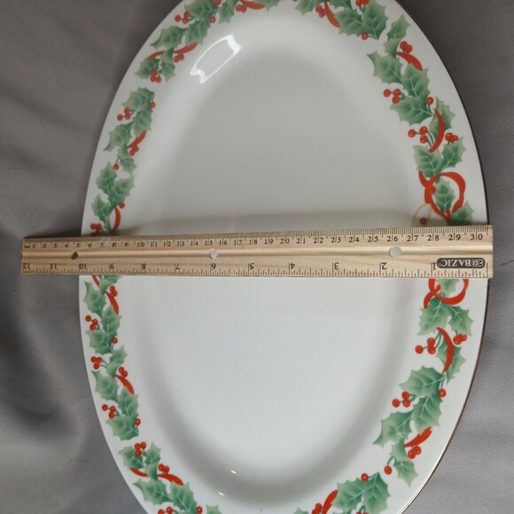 Sango Christmas Holly Serving Platter 8415 Bells Gold Rim 14 Inch Vintage 90s - Picture 4 of 5